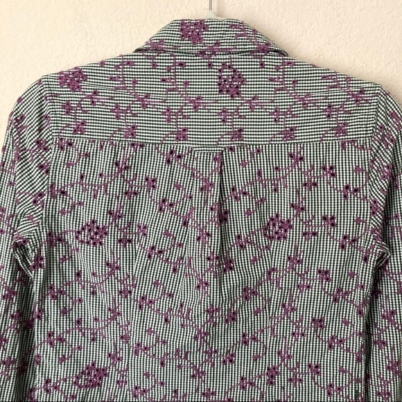 Anthropologie Gingham Embroidered Floral Eyelet Button Down Shirt Top by Odille - Picture 6 of 9